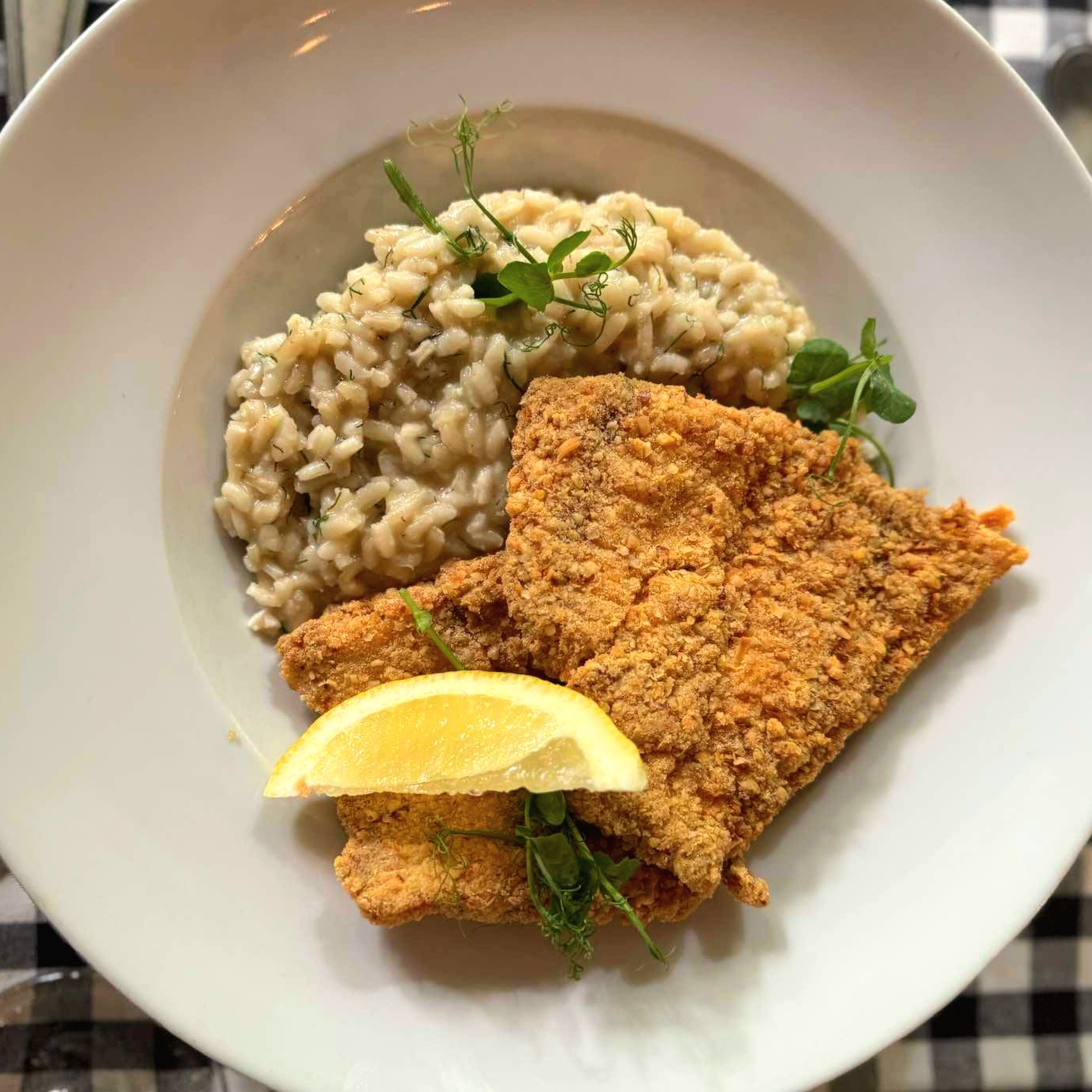 Harcsafilé diós bundában, kapros parmezános rizottóval